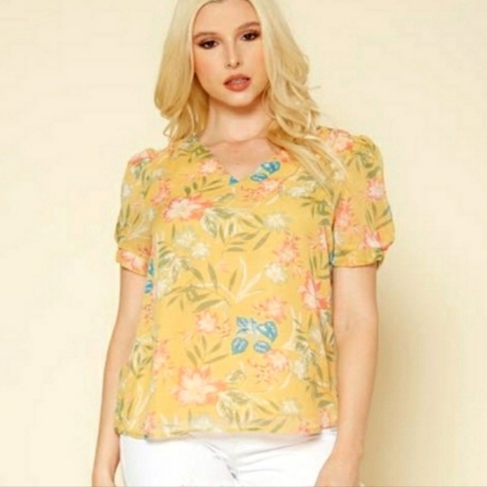 Pleione Anthropologie Women's Yellow Floral Puff Sleeves V-Neck Blouse M
